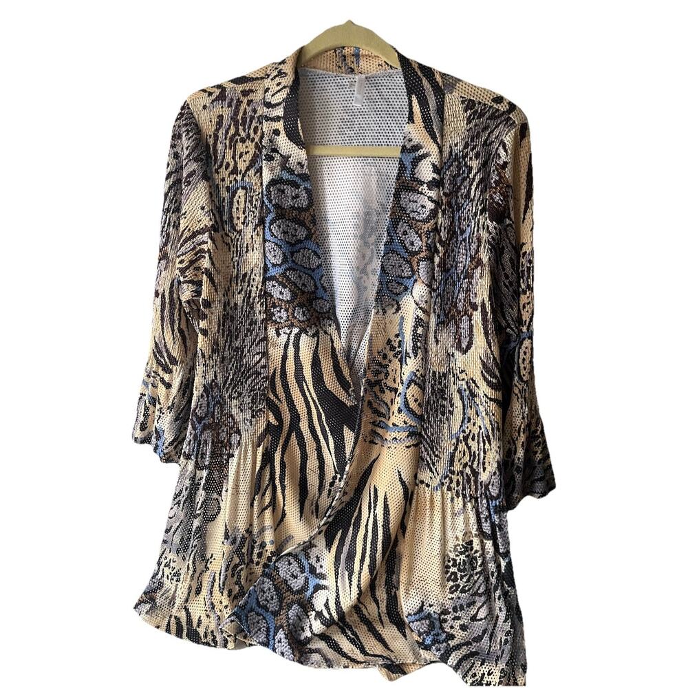 LINDI Women’s Mesh Cardigan Large Animal Mixed Media Bell Sleeve Art to Wear
